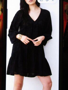 Black Textured Fabric Dress by OLIVER BONAS Flouncy Bottom Puff Long Sleeves L